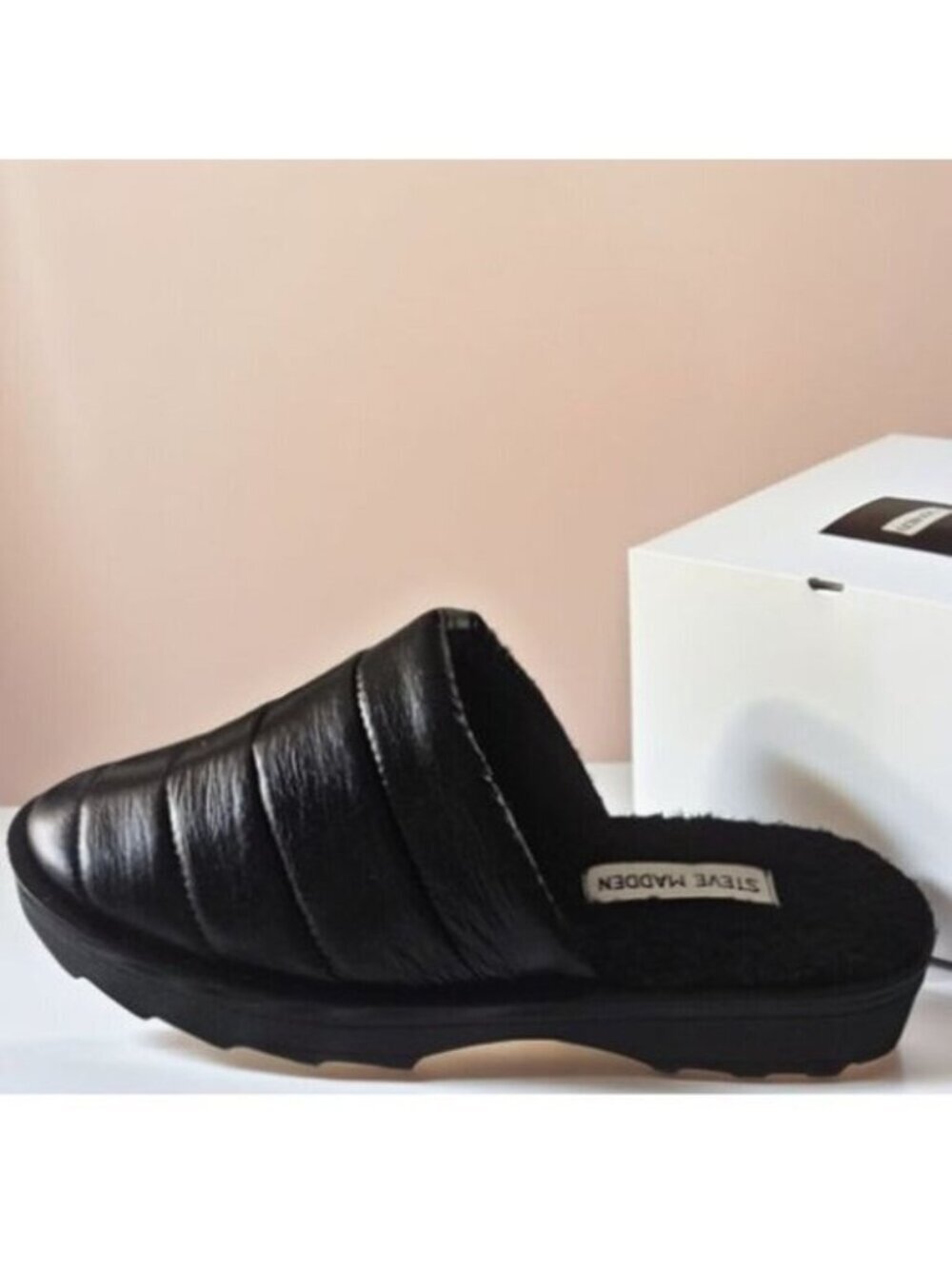Steve Madden  Black Quilted Slip Ons With Inside Faux Fur New In Box 79.99